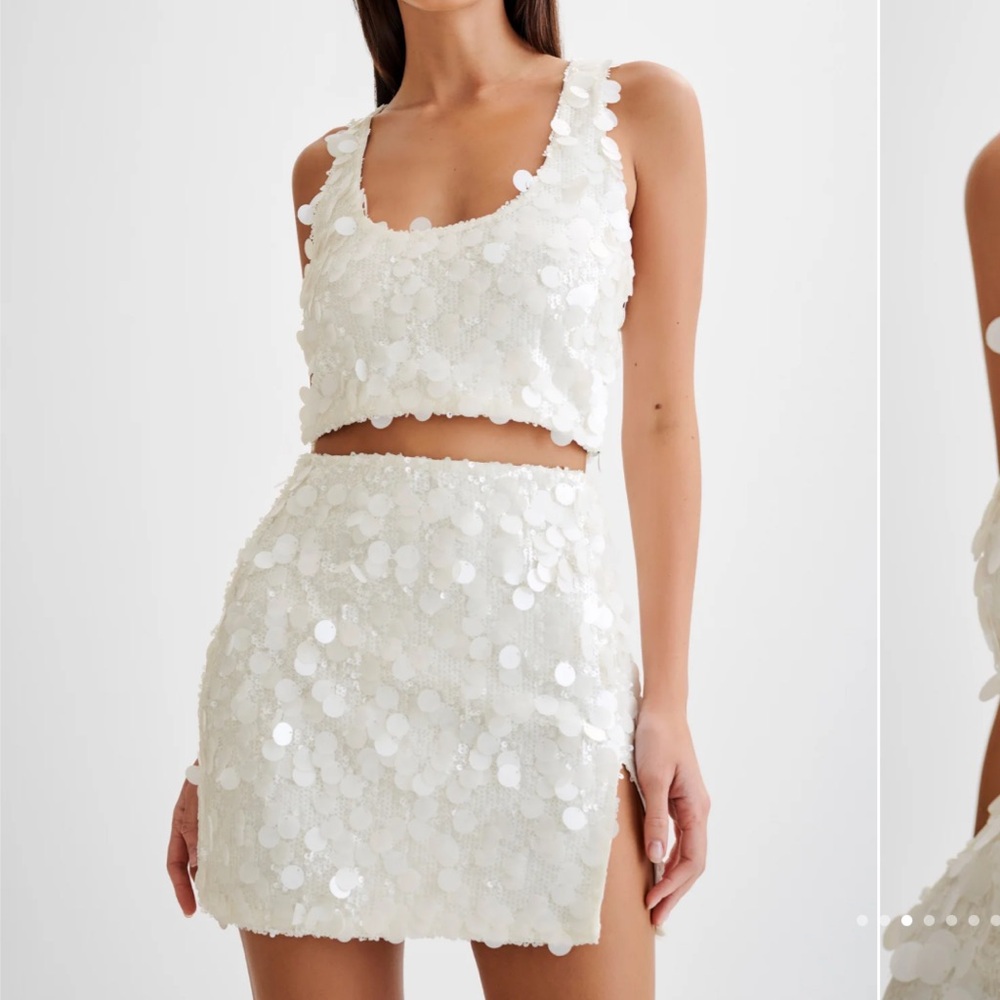 Meshki White Sequin Crop Top & Mini Skirt Set